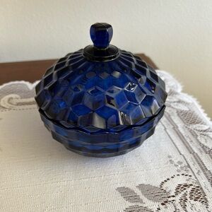 Indiana Whitehall Pattern Cobalt Blue Glass Covered Candy Dish Bowl w/ Lid
